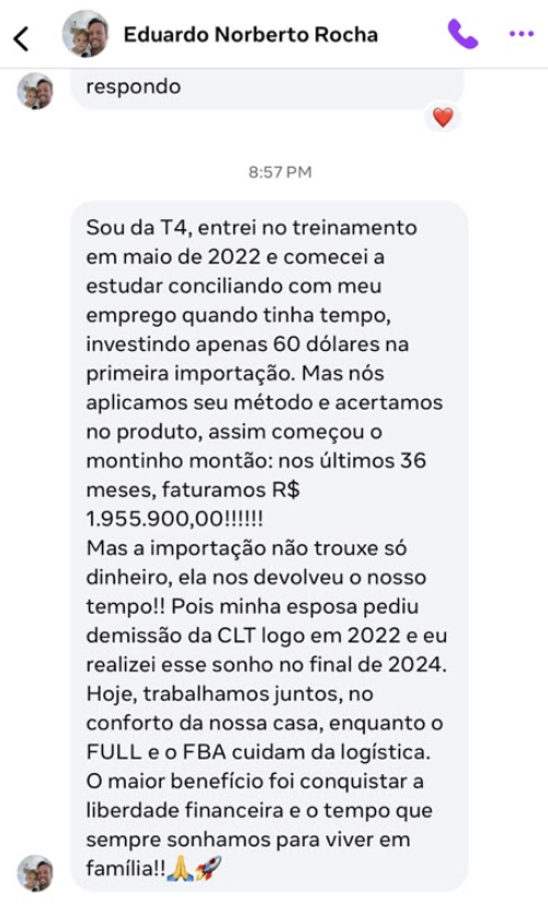 Print de depoimento: Eduardo, R$ 2 milhões
