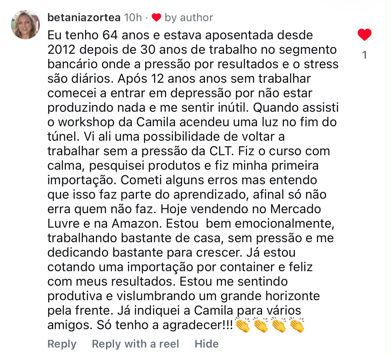 Depoimento de Betânia, 64 anos, vende no Mercado Livre e Amazon