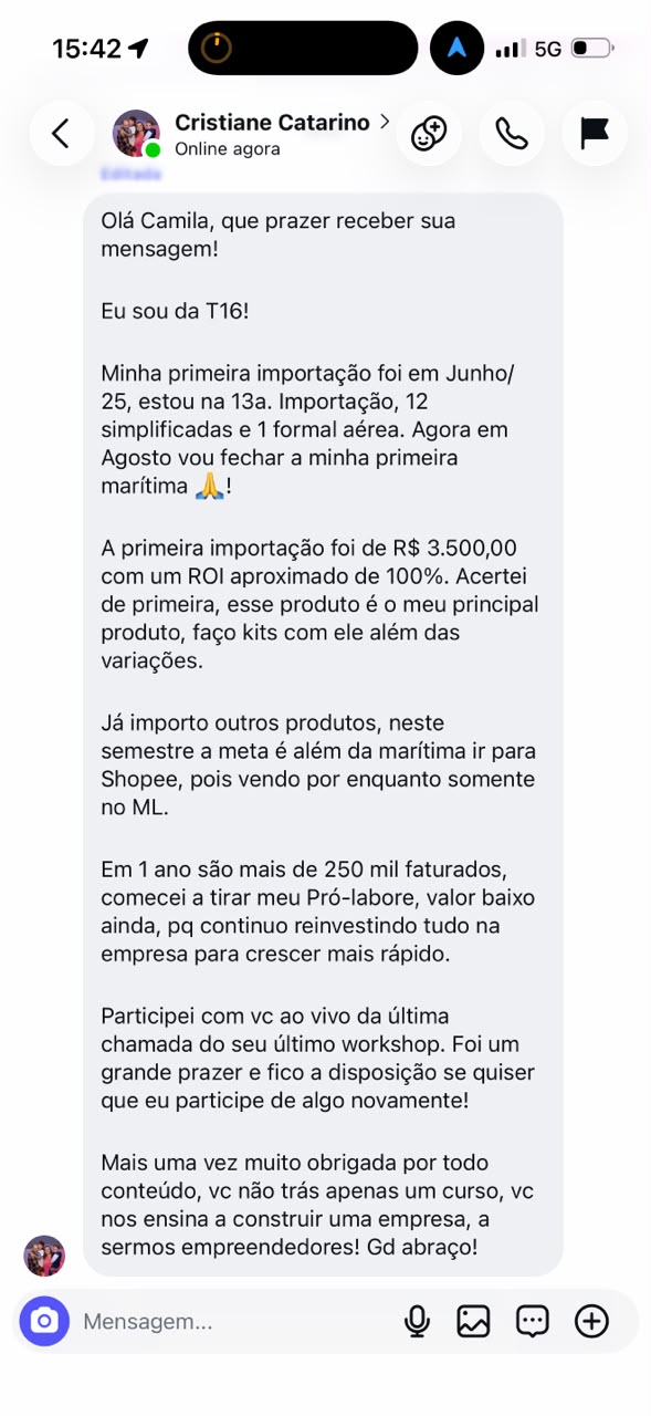Print de depoimento: Cristiane, 250 mil por ano no Mercado Livre